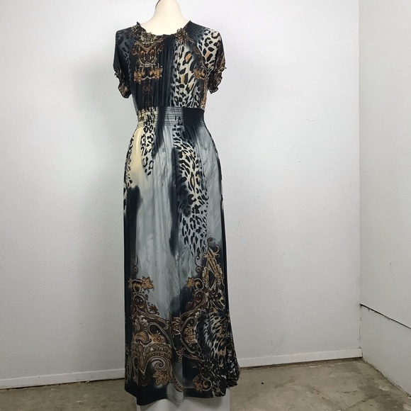 V-Neck Maxi Dress Women’s Size 4 animal print short sleeve Pre owned - Picture 3 of 14